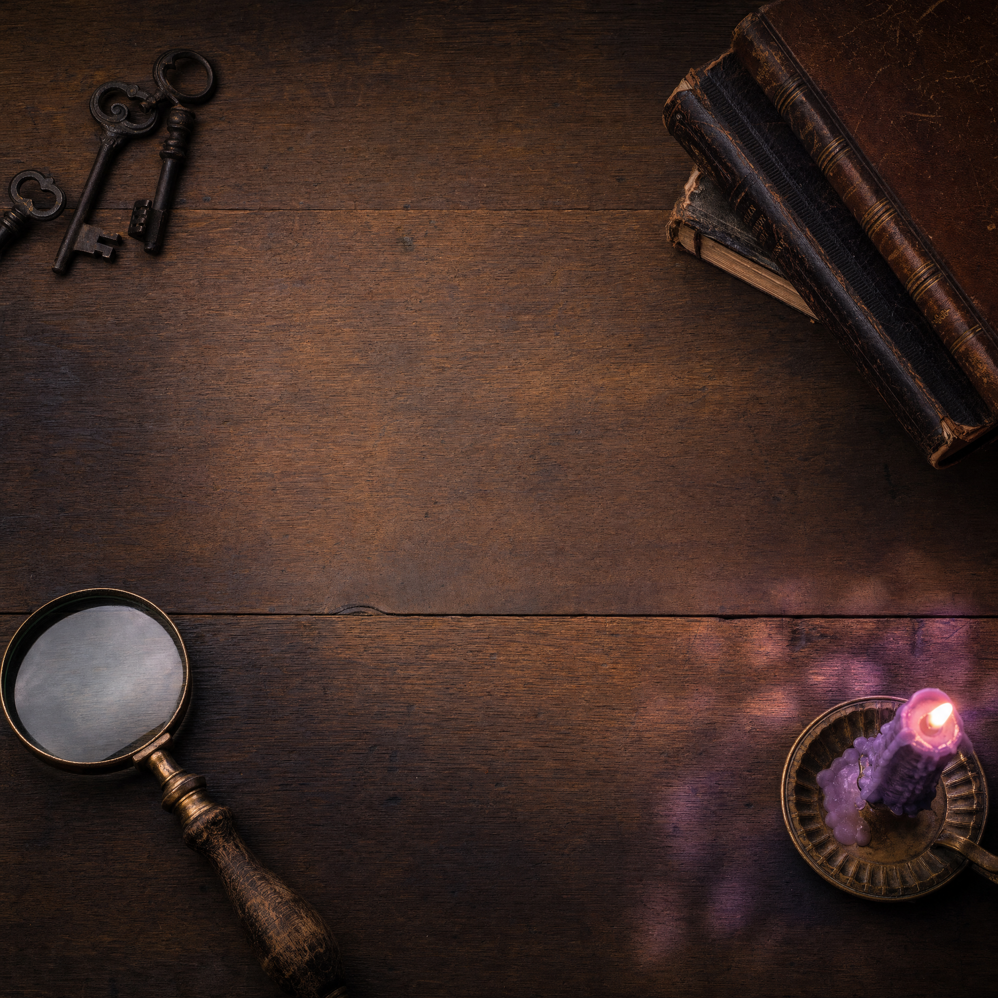 Mystery Tees ~ antique detective desk with keys, magnifier, worn books and a violet candle